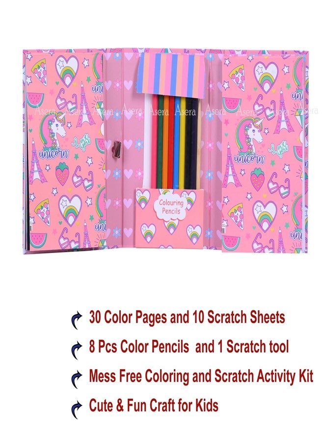 Asera كتاب تلوين وخدش من أسيرا مع 8 أقلام تلوين، مجموعة كتب تلوين ورسم فنية للأطفال من عمر 3 سنوات فما فوق، هدية عيد ميلاد للأطفال (يونيكورن) - Image 2